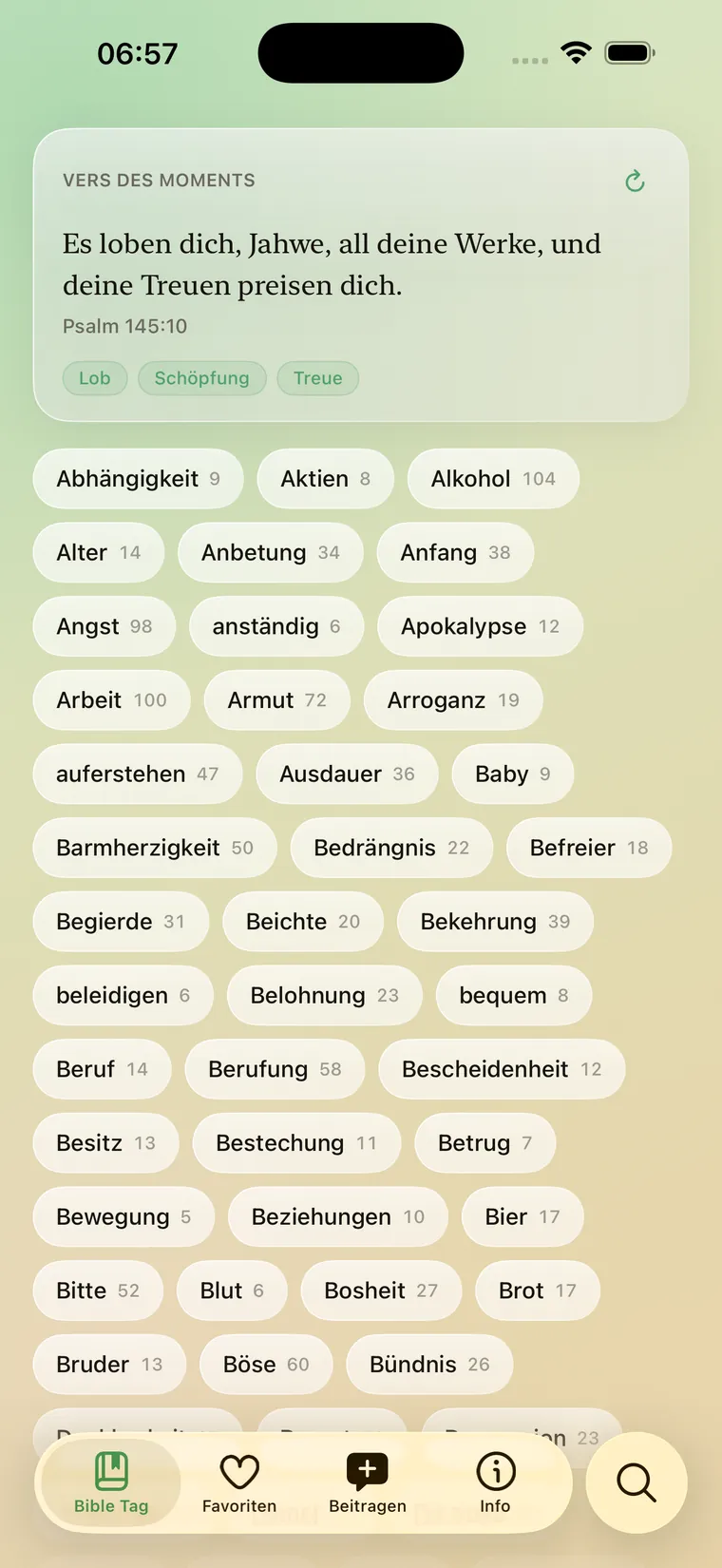 Bible Tag Home mit Themen-Wolke und Vers des Moments